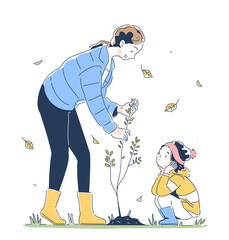 Mother and daughter at nature doodle. Active lifestyle and leisure. Woman with girl plant tree. Graphic element for website. Cartoon flat vector illustration isolated on white background