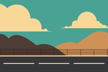scenic retro style landscape view with hills sun and blue sky flat vector illustration