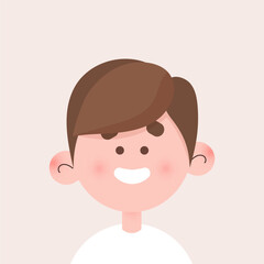 Cheerful man avatar. Custom portrait. The face of male character. Avatar of smiling boy with brown hair in tshirt. Vector illustration