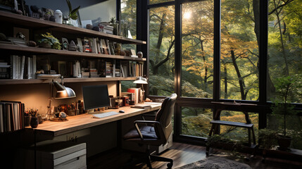 Interior design modern home office, Comfortable workplace, desk with computer monitor, stylish study room, beautiful home studio