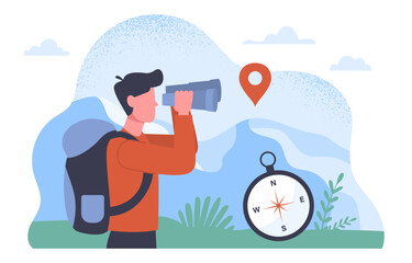 Mountain hikes concept. Man with backpack and binoculars and compass. Hiking and camping. Active lifestyle and leisure. Beautiful natural landscape. Cartoon flat vector illustration