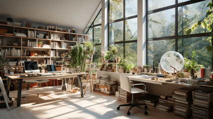 Interior design modern home office, Comfortable workplace, desk with computer monitor, stylish study room, beautiful home studio