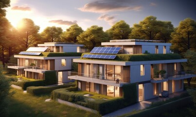 Modern eco-friendly multifamily homes with photovoltaic cells. Generative AI