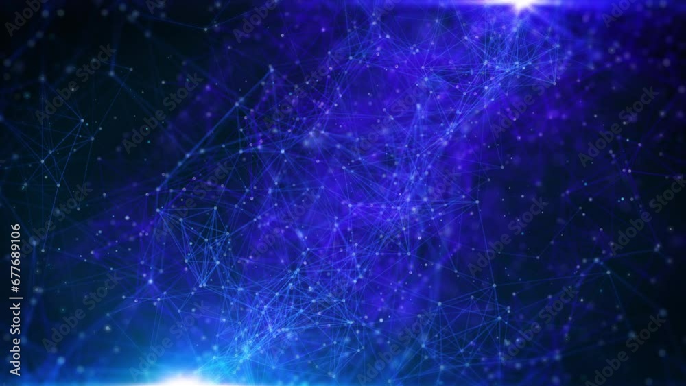 Poster Abstract polygonal, low poly network connection structure spin. Technology blue dots, lines mesh flowing in blue cyber space with lens flare flickering 4K background.
