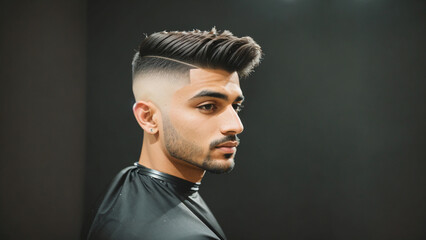 Fringe up haircut on black background - fornt view - obrazy, fototapety, plakaty