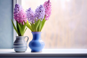 Spring hyacinths in a vase on a light background. Generative AI