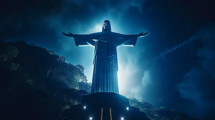 Zelfklevend Fotobehang Artificially Generated Christ the Redeemer Statue at Night © VIMAG