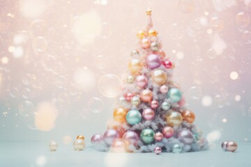 A snow-covered christmas tree embellished with colorful ornaments and surrounded by glowing orbs of light