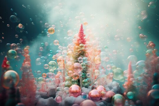 A whimsical christmas tree engulfed in vibrant bubbles creating a magical holiday atmosphere