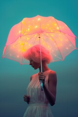 Stunning portrait of a woman holding a lighted umbrella against a teal backdrop for a surreal effect