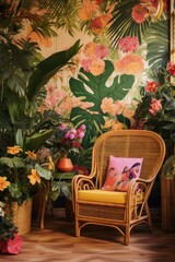 Fototapeta na wymiar Cozy corner featuring a wicker chair with cushions surrounded by indoor plants and tropical wallpaper pattern