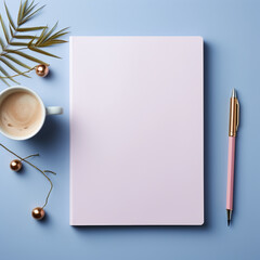 blank paper sheet, notebook, office desk workspace, work template, with the background soft pastel colors of blue, gold, white, gray and pink. AI generative