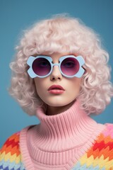A stylish retro portrait showcasing a model with whimsical sunglasses and a colorful knitwear top