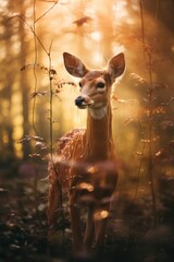 A young deer stands amidst a forest, bathed in sunlight filtering through the trees