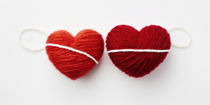 Yarn Hearts Harmony - Create a charming image with two red and white clews intricately shaped into a heart on a clean white background. 