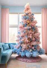 A beautifully decorated christmas tree with pastel pink and blue ornaments in a cozy room