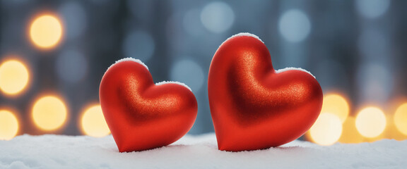 Big red shiny hearts in white snow with bokeh effect background. Valentine's day illustration. Generative AI