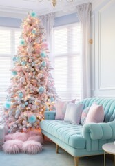 A christmas tree with a pastel palette stands in a modern living room setting, creating a serene holiday atmosphere