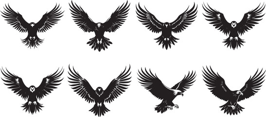 Eagle silhouettes set, large pack of vector silhouette design, isolated white background, front side
