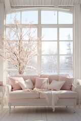 A sophisticated pink sofa adorned with delicate blossoming branches in a sunlit room offers tranquility and charm