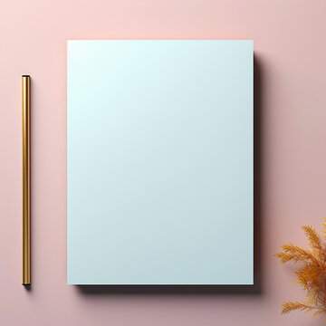 blank paper sheet, notebook, office desk workspace, work template, with the background soft pastel colors of blue, gold, white, gray and pink. AI generative