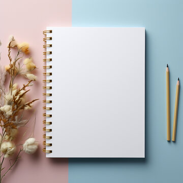 blank paper sheet, notebook, office desk workspace, work template, with the background soft pastel colors of blue, gold, white, gray and pink. AI generative