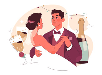 Groom concept. A dapper groom gazes into his bride's eyes amid champagne bubbles, capturing the magic of their wedding toast. Intimate moment. Bubbly celebration. Flat vector illustration.