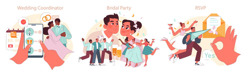 Wedding Events set. Bride and groom using wedding coordinator app, celebratory toast with friends, sending RSVP invitations. Moments of joy and planning. Flat vector illustration.