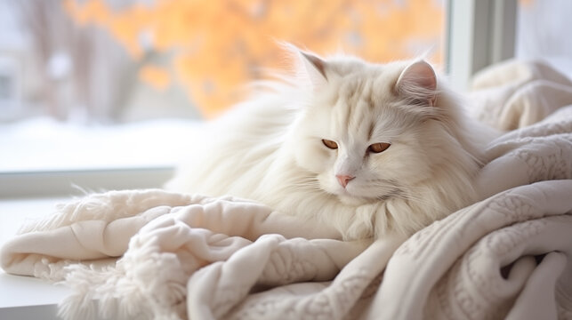 White persian cat lying on the windowsill with warm plaid