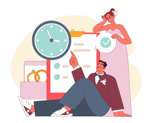 Wedding Planning concept. A joyous bride and groom collaborate on wedding arrangements, highlighting the essence of time and choices. From rings to checklists. Flat vector illustration.