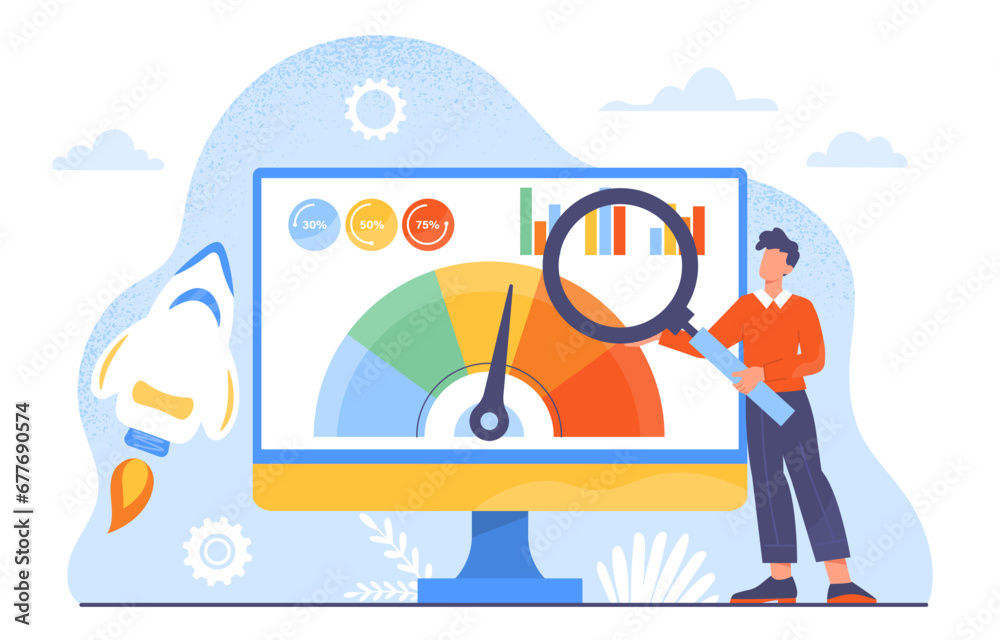 Wall mural online optimization concept. man with magnifyning glass near computer monitor with graph, charts and