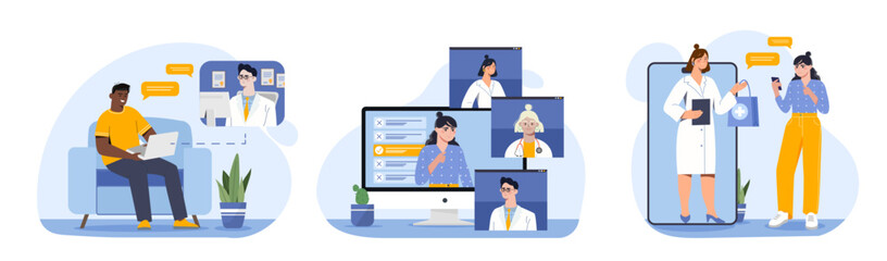 Online consultations set. Technical support for clients and customers. Man and woman with telemedicine. Health care and treatment. Cartoon flat vector collection isolated on white background