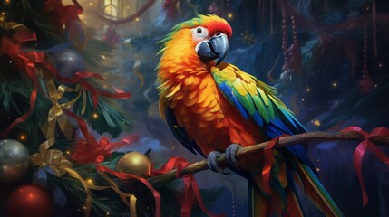 A colorful parrot playfully dances around a Christmas tree, its beak adorned with a shimmering ornament.