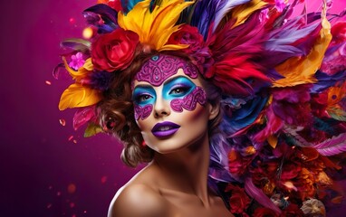 Obraz premium Happy Mardi Gras poster. A pretty woman in gorgeous Venetian masquerade mask with bright feathers on purple background. Costume party outfit for carnivals. Face covering, purple lips. AI Generative