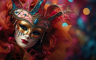 Happy Mardi Gras poster. A red hair woman in gorgeous Venetian masquerade mask. Costume party outfit for carnivals. Paper mache style face covering. Bokeh, de focus, blurred background. AI Generative