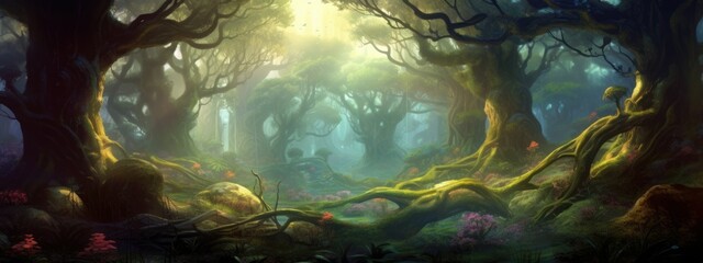 magical fantasy forest with giant trees, background banner, Generative AI