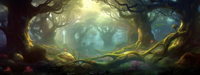 Photo sur Plexiglas Anti-reflet Forêt des fées magical fantasy forest with giant trees, background banner, Generative AI