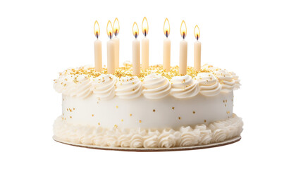 white birthday cake with candle isolated on transparent background cutout