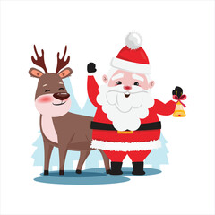 Santa Claus holding a golden bell, happy deer next to him