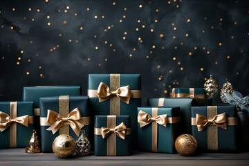 Christmas gift boxes with gold ribbon and golden balls on bokeh background