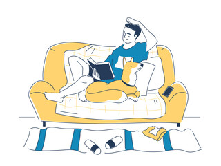Ordinary day man doodle. Young guy with pet and book. Routine and leisure. Love for literature and reading. Poster or banner. Cartoon flat vector illustration isolated on white background