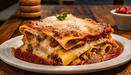 tasty hot juicy of lasagna, italian food, menu concept,  food photograph, close-up shot