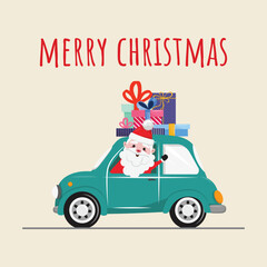 Cartoon illustration with a Santa Claus driving in a green car and transporting gifts.