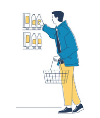 Ordinary day man doodle. Young guy buy groceries. Routine and leisure. Customer in store or shop. Poster or banner for website. Cartoon flat vector illustration isolated on white background
