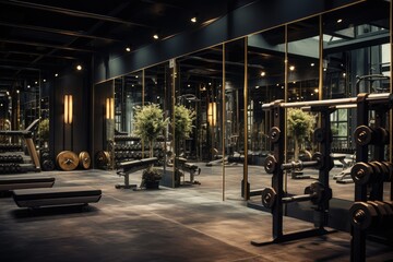 Gym with barbells and different equipment, luxurious aesthetic, created with AI - obrazy, fototapety, plakaty