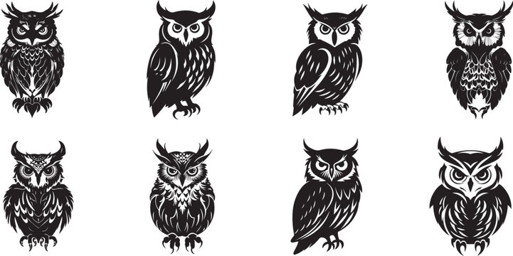 owl silhouettes, Owl vector silhouette illustration, owl silhouette logo icon vector, assorted cute owl bird mascot vector graphic design