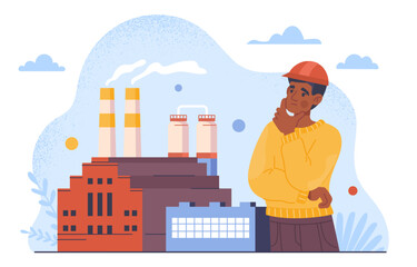 Organization of construction concept. Man in protective ornage hat at background of plants and factories. Builder and engineer at background of industrial buildings. Cartoon flat vector illustration