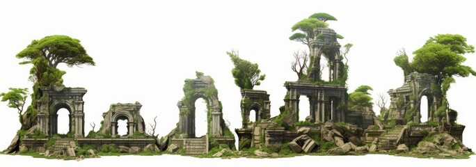 ancient temple ruin, collection of overgrown historical buildings, isolated on white background, Generative AI - obrazy, fototapety, plakaty