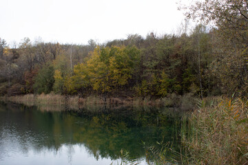 Fototapeta na wymiar Beautiful view of the lake in autumn. Golden yellow leaves on trees.