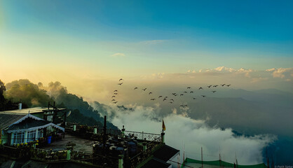 Landscape of mountain range in the morning sunrise ..with birds and fig in the scene 